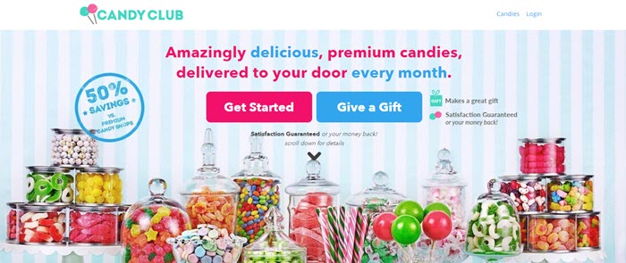 Candy Club website screenshot showing a selection of various sweets in jars. 