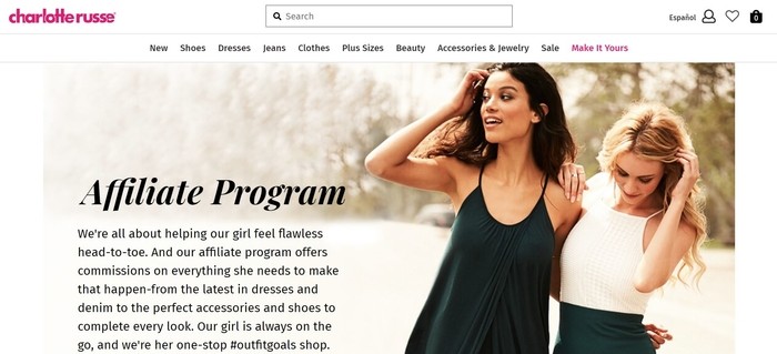 screenshot of the affiliate sign up page for Charlotte Russe