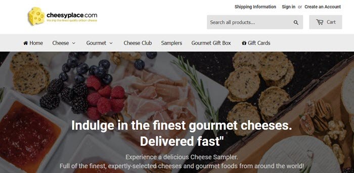 Cheesy Place website screenshot showing a top-down image of a cheese sampler. 