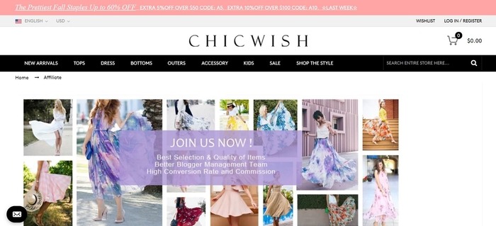 screenshot of the affiliate sign up page for Chicwish