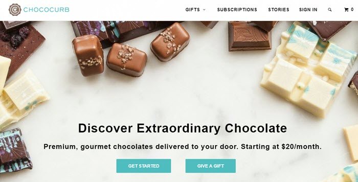 Chococurb website screenshot showing a selection of milk and white chocolate. 