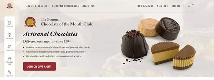 Chocolate of the Month Club website screenshot showing a handful of chocolate pieces with details about the club. 