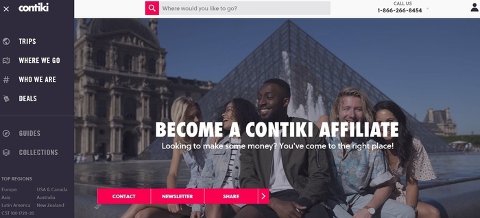 screenshot of the affiliate sign up page for Contiki