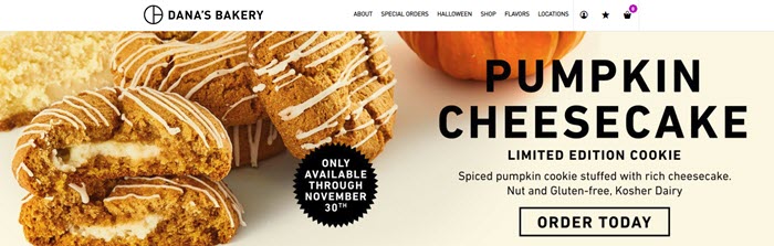 Dana’s Bakery website screenshot showing their pumpkin cheesecake cookies. 