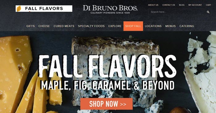 Di Bruno Bros website screenshot showing three cheeses on a dark background. 