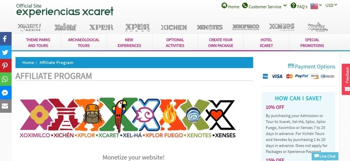 screenshot of the affiliate sign up page for Experiencias Xcaret