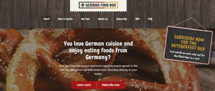 German Food Box website screenshot showing an image of a large pretzel and details about the box.