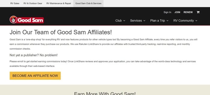 screenshot of the affiliate sign up page for Good Sam Roadside Assistance