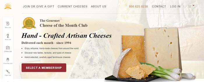 Gourmet Cheese of the Month Club website screenshot showing a small selection of cheeses.