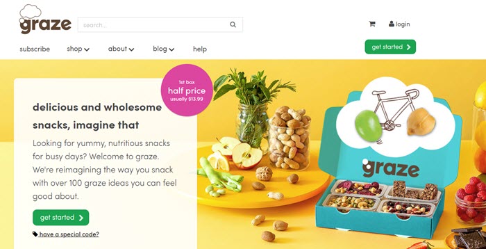 Graze website screenshot showing a box with four of the snacks. 