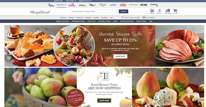 Harry & David website screenshot showing various images of products, including cookies, snacks, fruit, cheese and meat. 