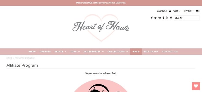 screenshot of the affiliate sign up page for Heart of Haute