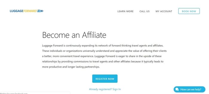 screenshot of the affiliate sign up page for Luggage Forward