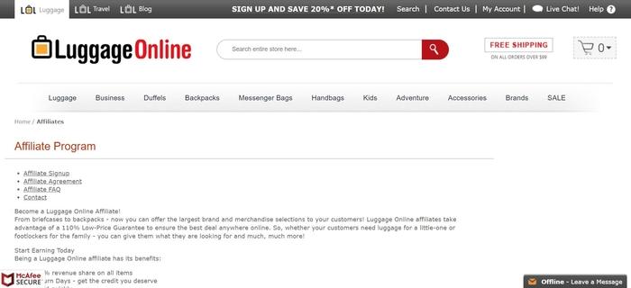 screenshot of the affiliate sign up page for Luggage Online