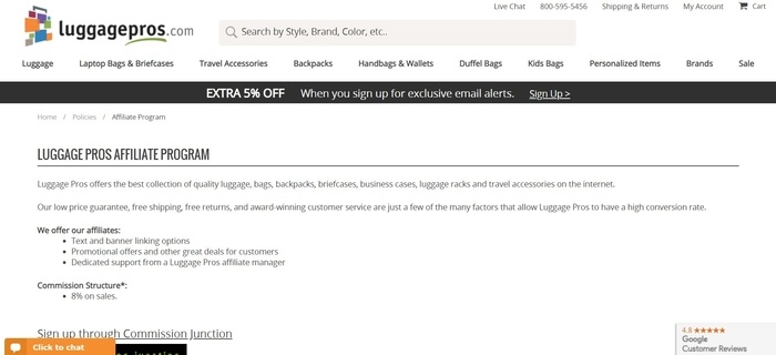 screenshot of the affiliate sign up page for Luggage Pros