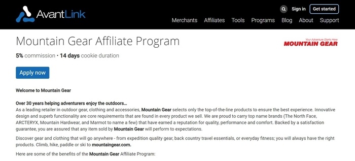 screenshot of the affiliate sign up page for Mountain Gear