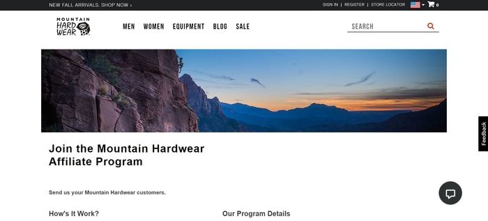 screenshot of the affiliate sign up page for Mountain Hardware