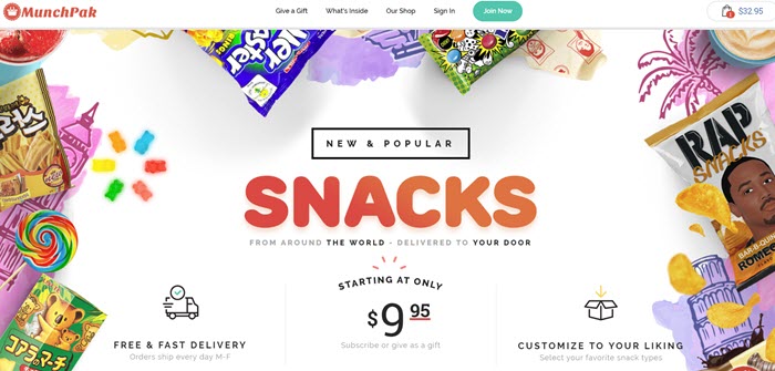 MunchPak website screenshot showing images of many different snacks, along with details about the box.