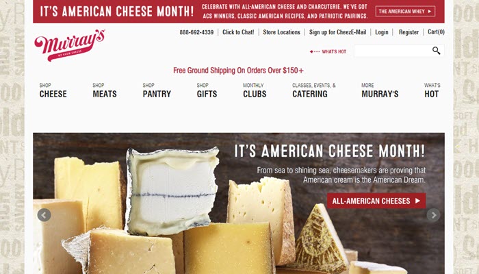 Murray’s Cheese of the Month Clubs website screenshot showing a collection of various cheeses on a board. 