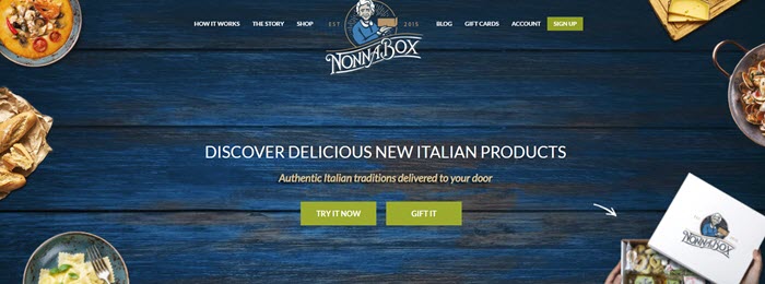 Nonna Box website screenshot showing a blue wooden background with some food images around the edge. 