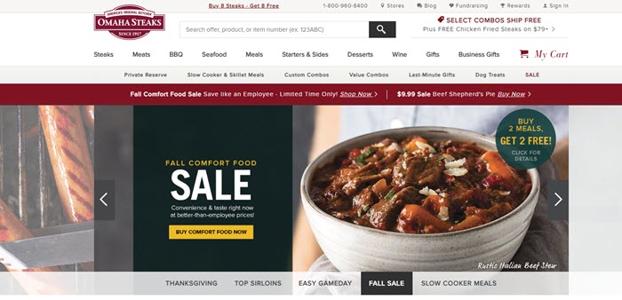 Omaha Steaks website screenshot showing an image of a bowl of stew. 