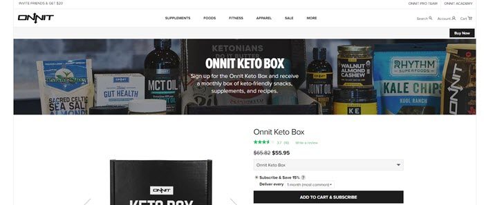 Onnit website screenshot showing the box and various components like Kale Chips and MCT Oil. 