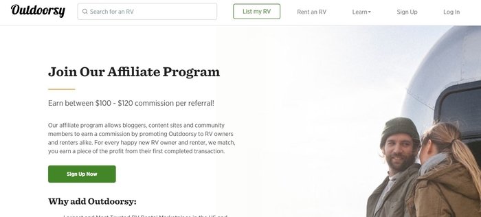 screenshot of the affiliate sign up page for Outdoorsy