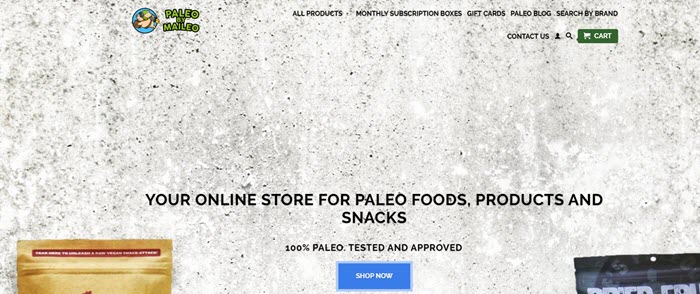 Paleo by Maileo website screenshot showing a white wall as a background with some information about the store and snacks. 