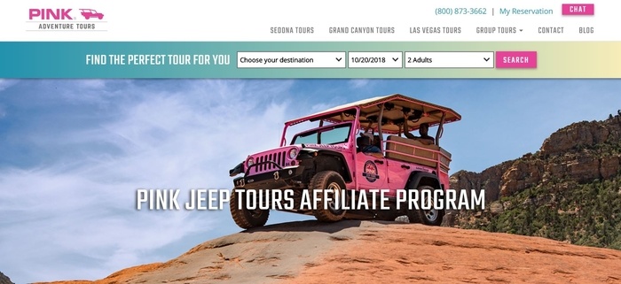 screenshot of the affiliate sign up page for Pink Jeep Tours