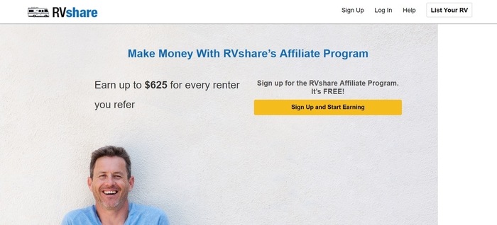 screenshot of the affiliate sign up page for RVShare