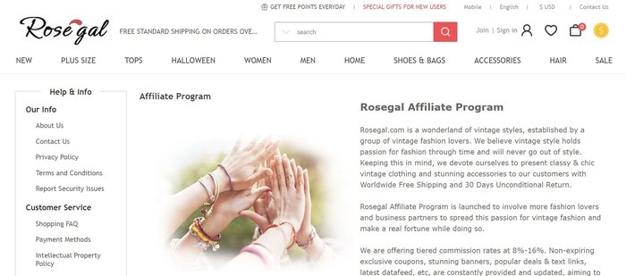 screenshot of the affiliate sign up page for Rosegal