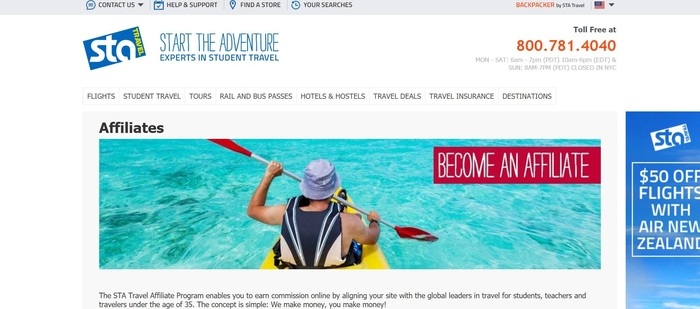 screenshot of the affiliate sign up page for STA Travel