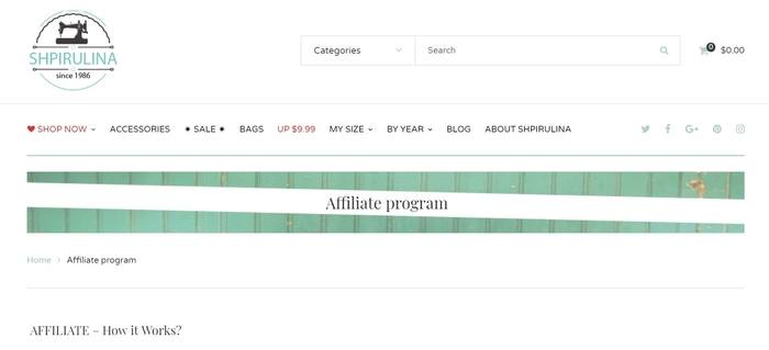 screenshot of the affiliate sign up page for Shpirulina