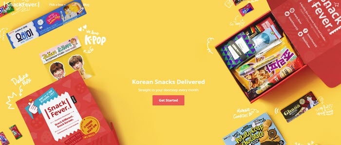 Snack Fever website screenshot showing various Korean snacks and merchandise. 