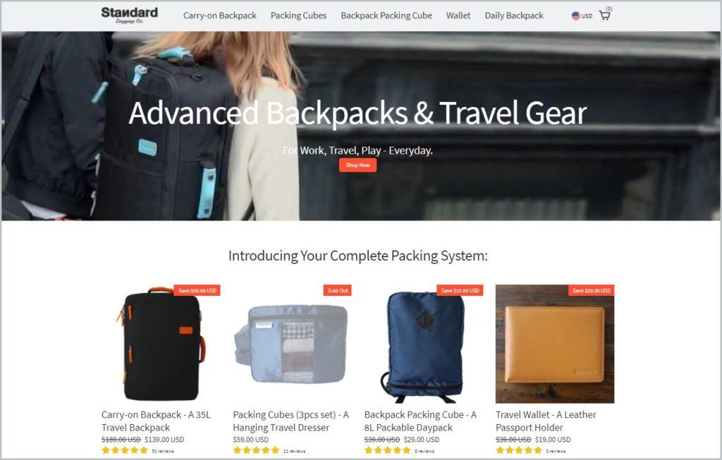 screenshot of Standard Luggage Co. home page