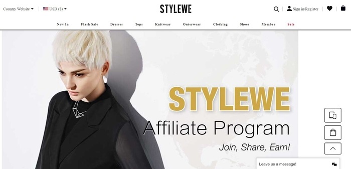 screenshot of the affiliate sign up page for StyleWe