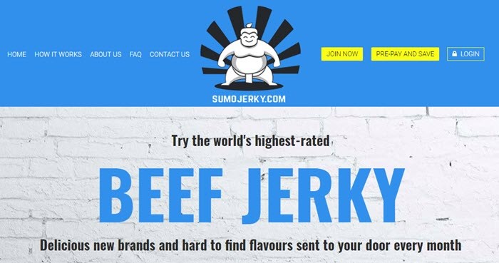 SumoJerky website screenshot showing a white wall and blue background, along with text about the jerky. 