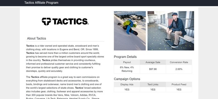 screenshot of the affiliate sign up page for Tactics