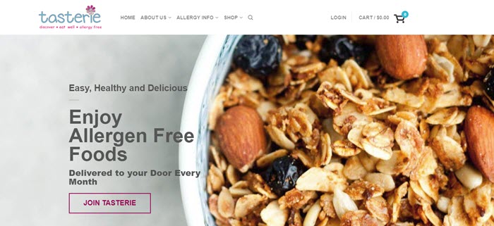 Tasterie website screenshot showing an overhead view of granola with oats, nuts and fruit. 