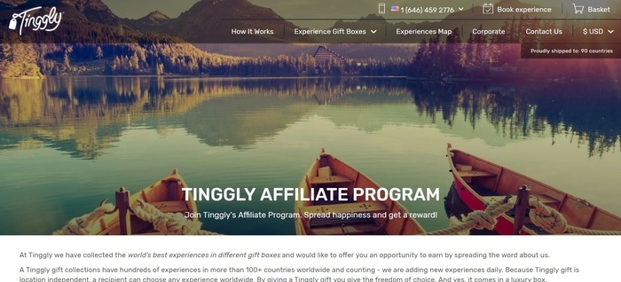 screenshot of the affiliate sign up page for Tinggly