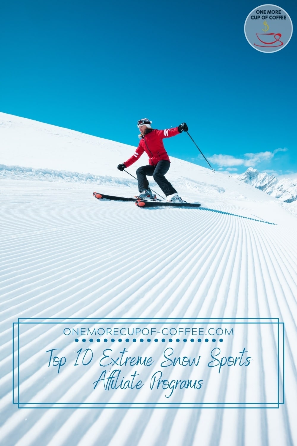 woman skiing in red and black ski outfit, with text overlay "Top 10 Extreme Snow Sports Affiliate Programs"