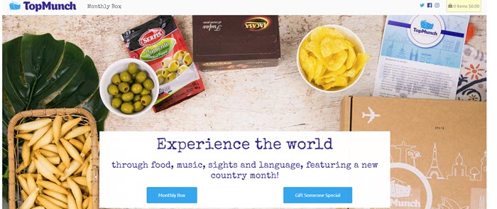 TopMunch website screenshot showing various food products and an image of the box. 