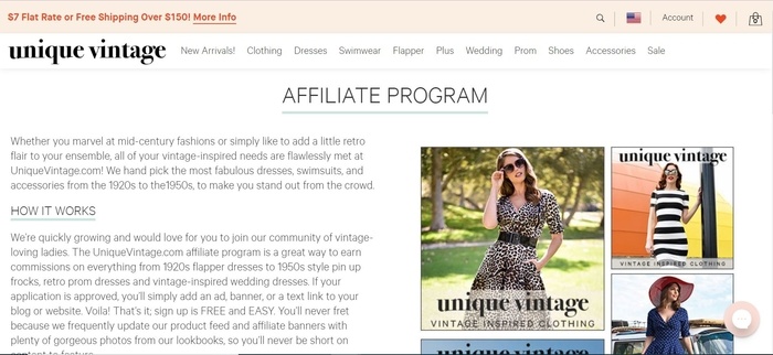 screenshot of the affiliate sign up page for UniqueVintage