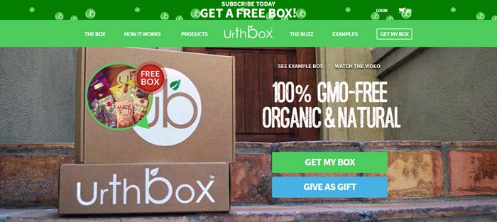 UrthBox website screenshot showing two closed boxes from the company on steps, along with an image of the snacks inside it. 