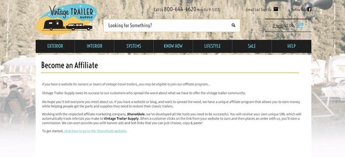 screenshot of the affiliate sign up page for Vintage Trailer Supply