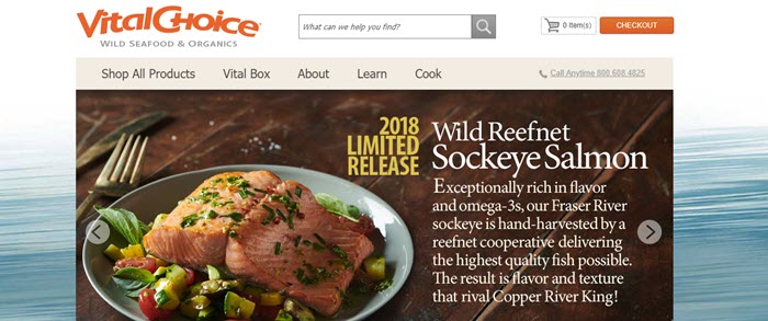 Vital Choice website screenshot showing a meal with freshly cooked salmon. 