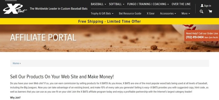 screenshot of the affiliate sign up page for X Bats