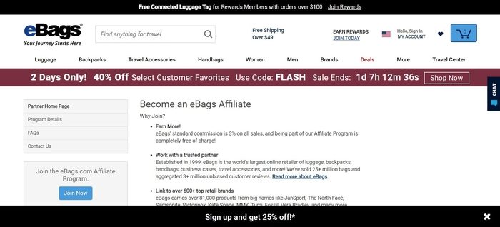 screenshot of the affiliate sign up page for eBags