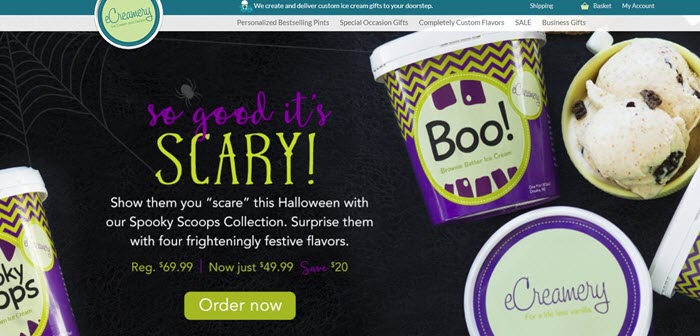 eCreamery website screenshot showing a black background with various Halloween-themed ice cream containers. 