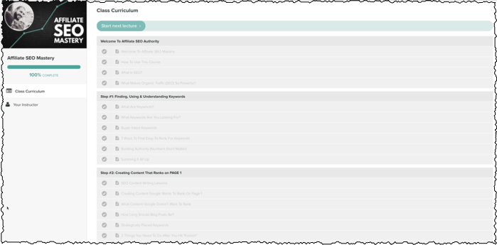 a look inside the affiliate seo mastery course from chris lee at teachable.com